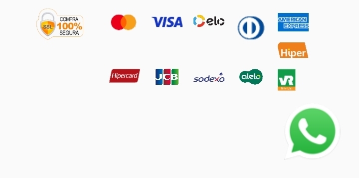 Bandeiras de cartão aceitas: Mastercard, Visa, Elo, Diners, American Express, Hiper, Hipercard, JCB, Sodexo, Alelo e VR, com selo de compra 100% segura e atendimento por WhatsApp